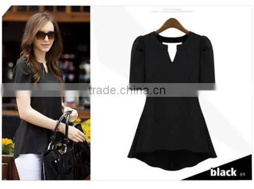 Women's Scarf Collar V Neck Short Sleeve Slim Casual Blouse
