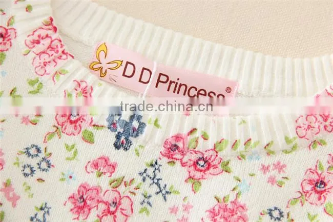 Princess warm fashion pullovers weave knitting pattern round neck cute flower print girls kid sweater