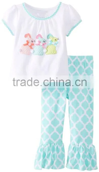 Little Girls Easter Ruffled Cute 2pcs Top Matching polka dot Bunny Top Capris Pants Boutique Cotton Summer Outfit Clothing Sets