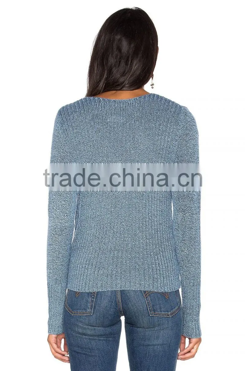Blue plain custom v-neck sweater for women pullover sweater dress