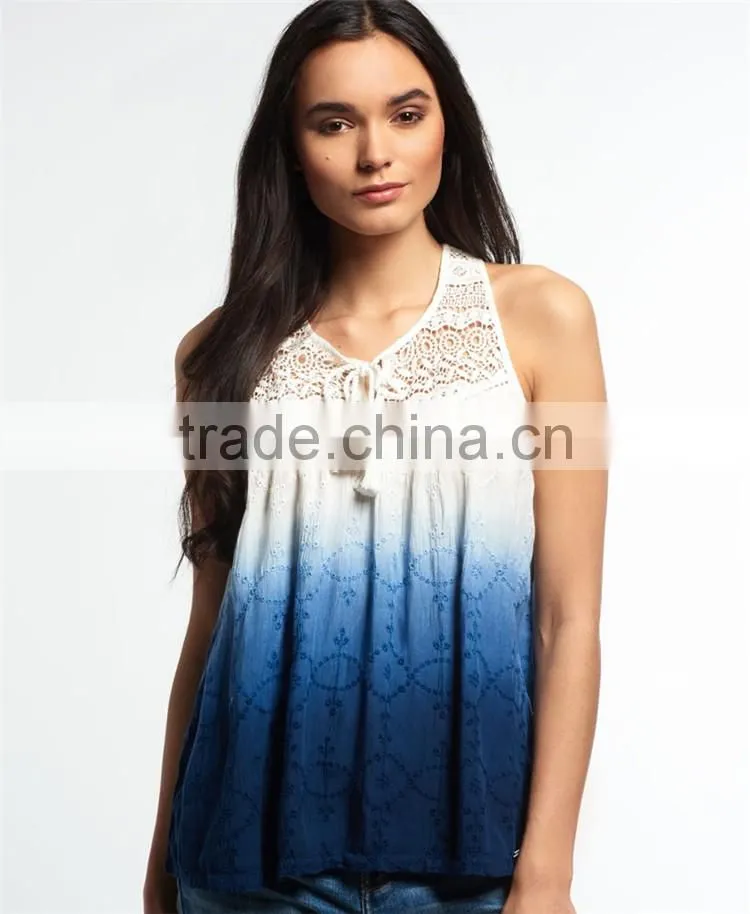 2017 Guangzhou Shandao New Summer Arrival Women Sleeveless Round Neck Lace Collar Crinkle Cotton Designer Casual Tops