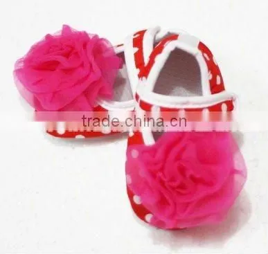 Baby Red White Polka Dots Crib Shoes with Hot Pink Rosettes