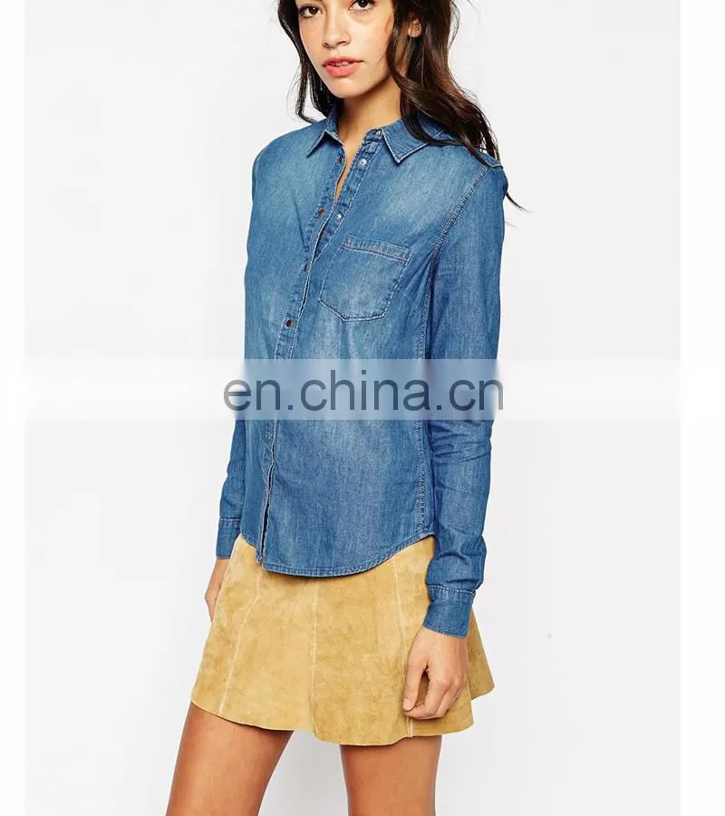 New look long sleeve classic point collar tops soft touch denim fancy ladies shirt