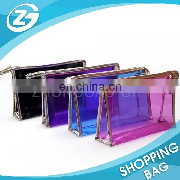 Water Proof PU Piping and Trim 0.3mm Clear PVC Zip Top Portable Cosmetic Bag for Promotion