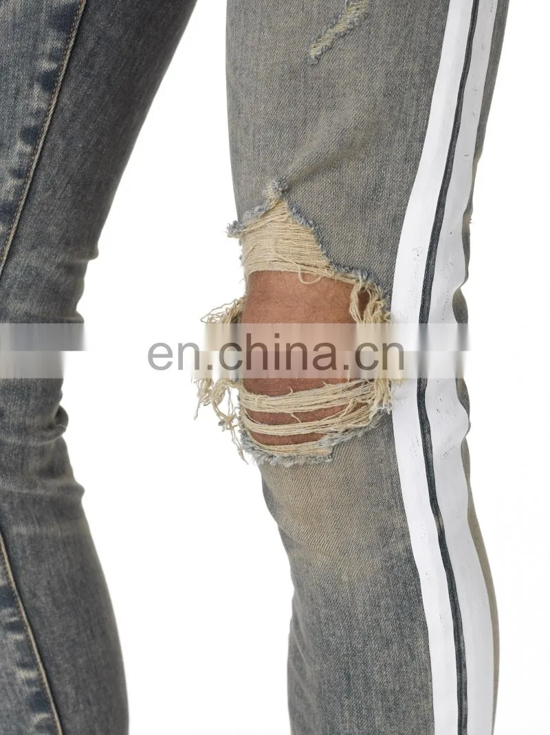 DiZNEW Dirty Indigo White Side Broken Track Ripped Denim Jeans Men