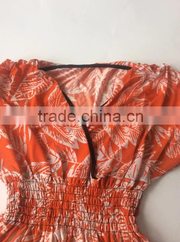 Deep V Collar White Leaves Short Sleeve Big Size Dress