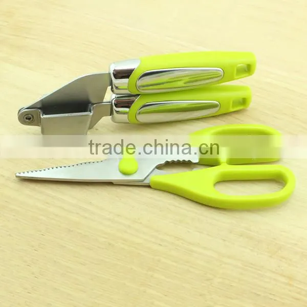 Perfect Green Color Utensil Garlic Press and Scissors Kitchen Set