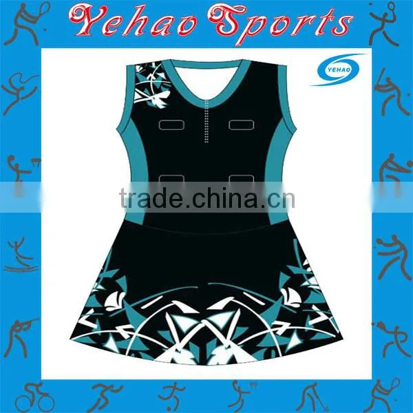 Blue and black color special dye sublimation netball jersey for youth
