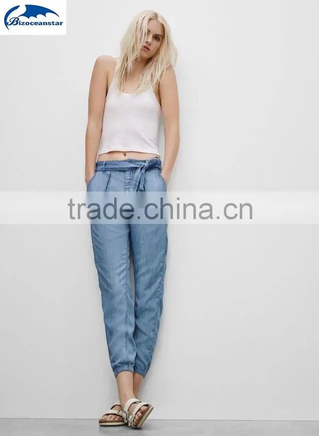 Hot Trendy Women High Waist Pockets Bow Sashes Denim Jeans Harem Pants Trousers