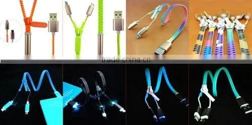 OEM logo and package sync and charging zipper usb cable metal shell 2 in 1 usb charger cable