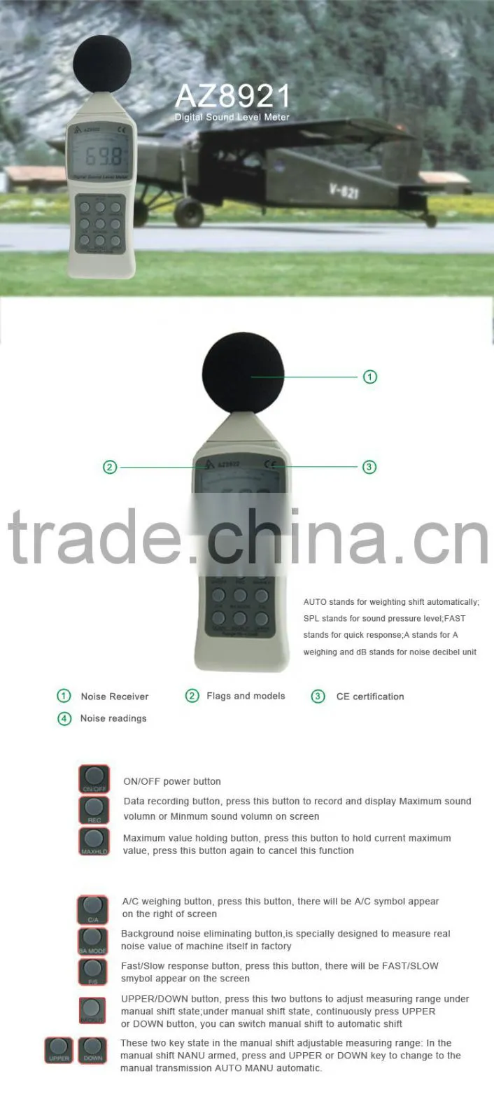 AZ 8922 RS232 Interface 30~130dBA Digital Sound Level Decibel Meter With A and C Weighting