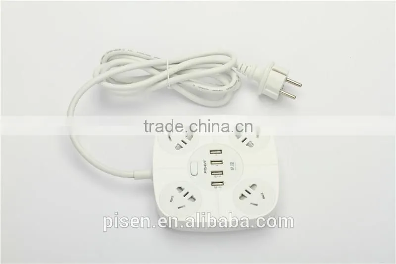 Pisen 1.8m 6ft Cable 4 Outles Power Strip With 1A 1A 2.4 A 2.4A 4 USB Charger