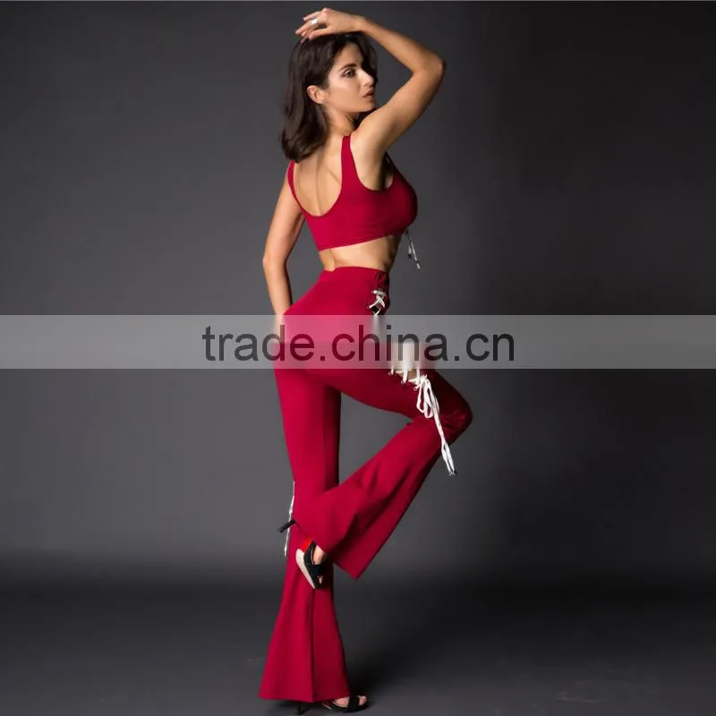 Runwaylover 100 New Fashion 2017 Ladies Suits , Women Sexy Crop Tops And Hollow Out Flared Pants