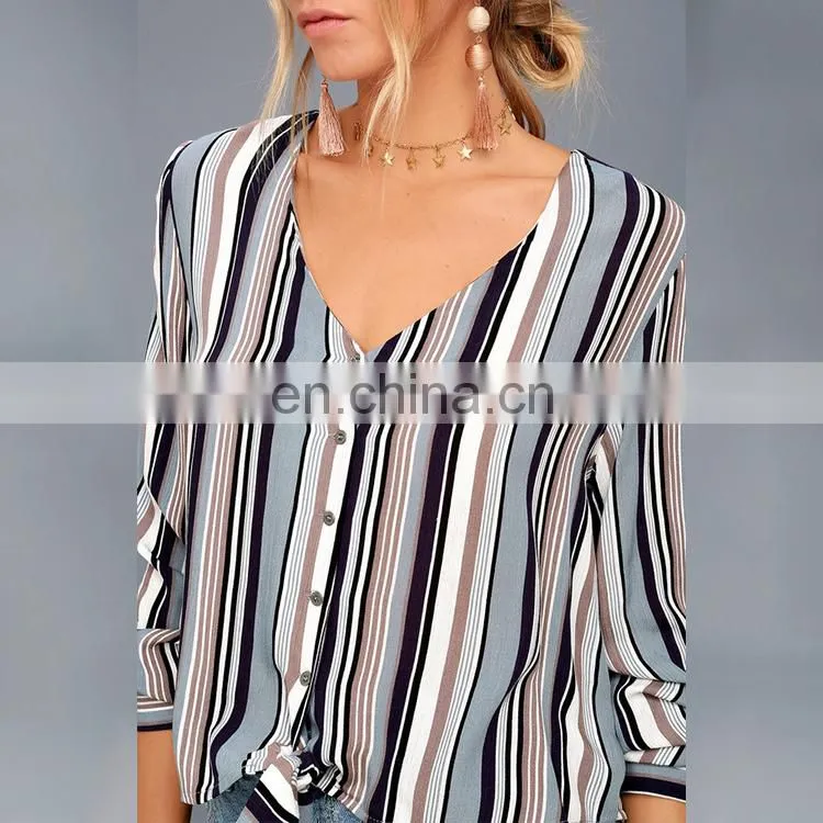 High quality trendy style striped long sleeve knotted shirt lady colorful blouse &top