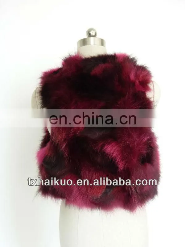 2013 new dyed pink and black color reccoon fur vest with two hook eyes closed, 100% polyester lining