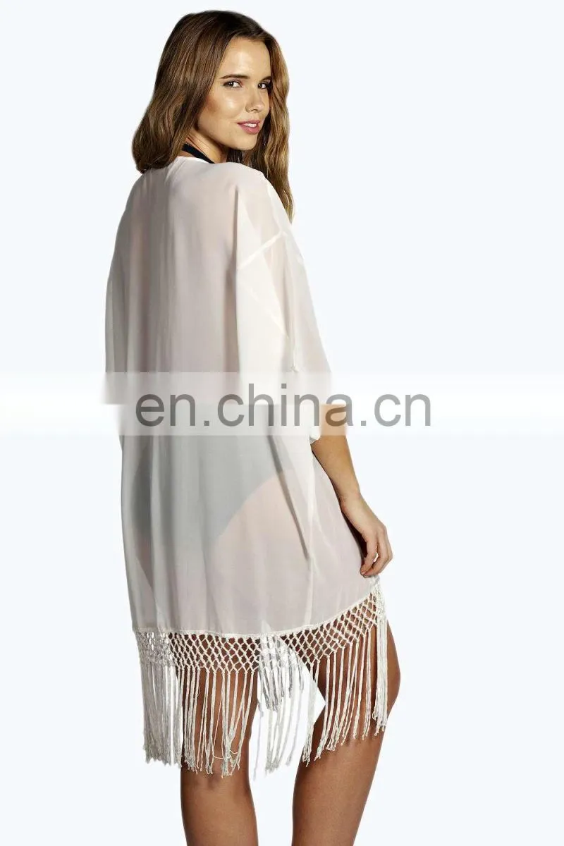 WOVEN FRINGED KIMONO Latest beach kimono soft polyester fabric embroidered kimono