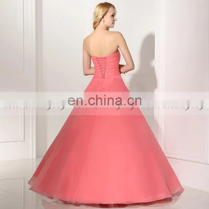 Gorgeous Strapless Sleeveless Lace-Up Organza Ruffles Coral Color Ball Gown Prom Dresses SD364