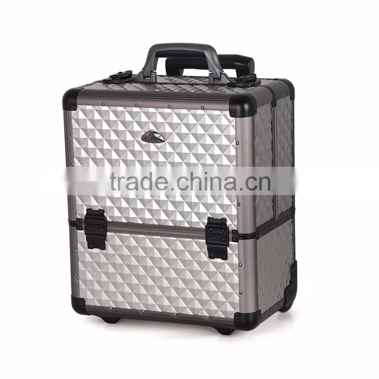 2016 high quality aluminum trolley make up case beauty display case with rolling wheels