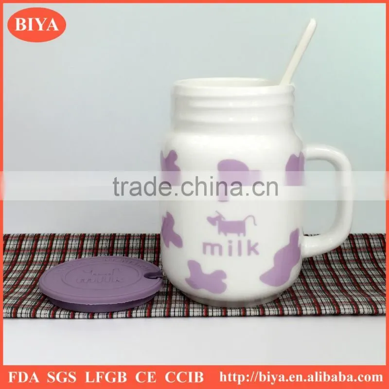 milk mug for kid breakfast mug with silicone lid and ceramic spoon for wholesale with logo decal print and handle