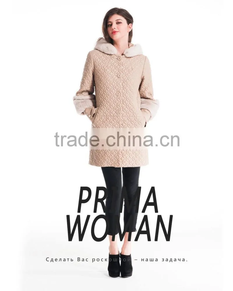 Winter Women Medium Length Embroidered Leather Coat With Detachable Beaver Rabbit Skin Hat Overcoat