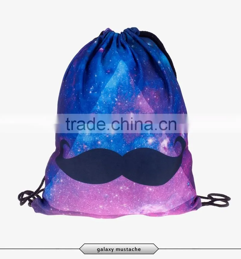 2016 Fashion summer backpack drawstring bag galaxy mustache digital print sewing No raw edges tote tutorial with travel stuff