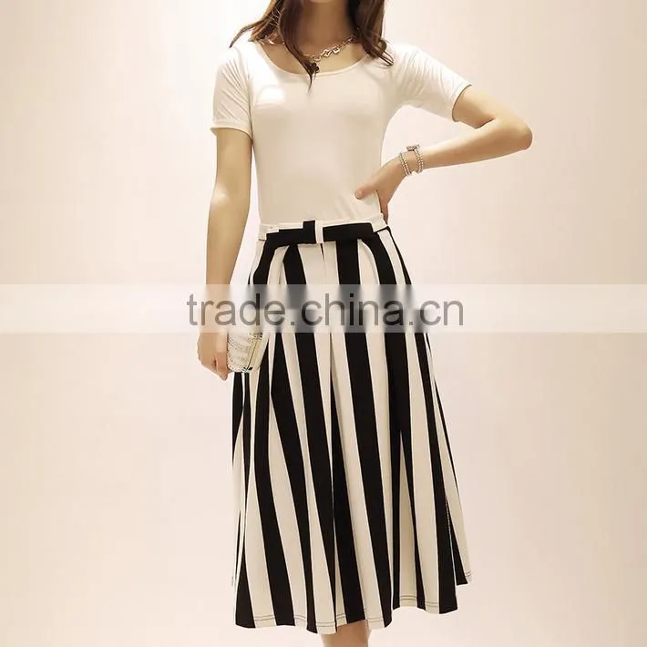 2015 Glamorous Black and White Stripes Sash Mid-calf Length Skirt