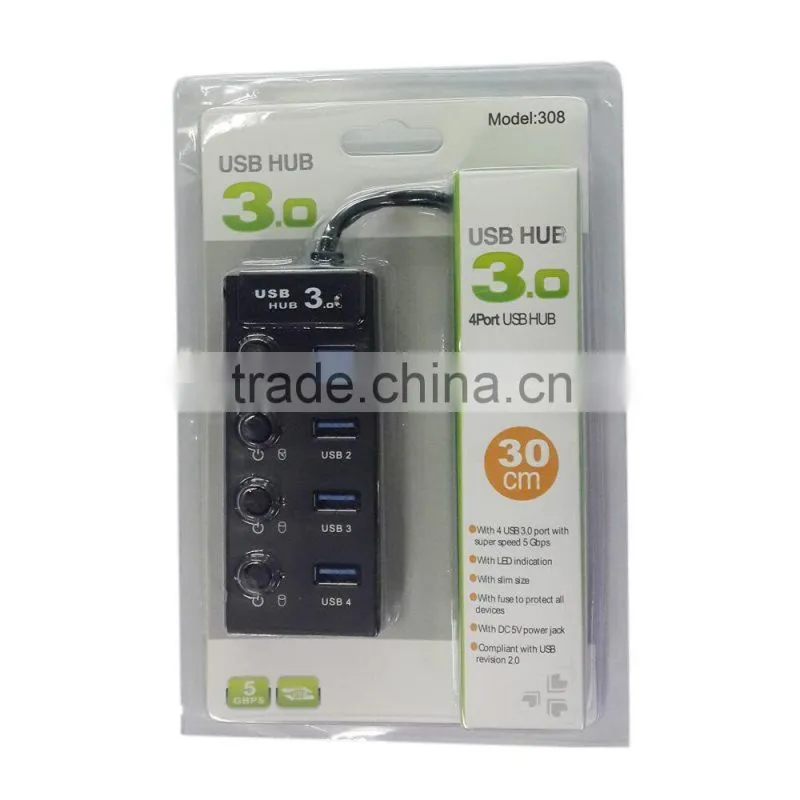 Powered USB 3.0 4-Port Compact Hub 5Gbps Transfer Rate with a Built-in 12" USB 3.0 Cable