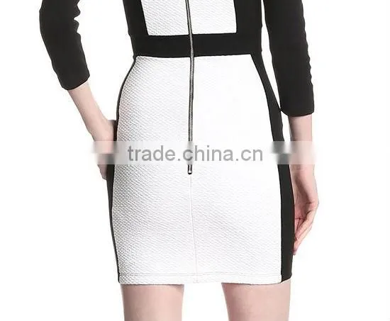 black and white match deep v neck up to knee long sleeve career dress