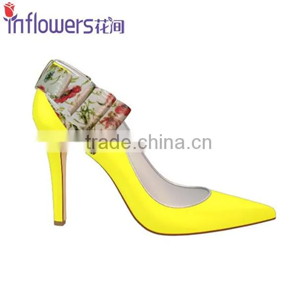 Yellow patent leather with back bowtie pointed toe women high heel shoes