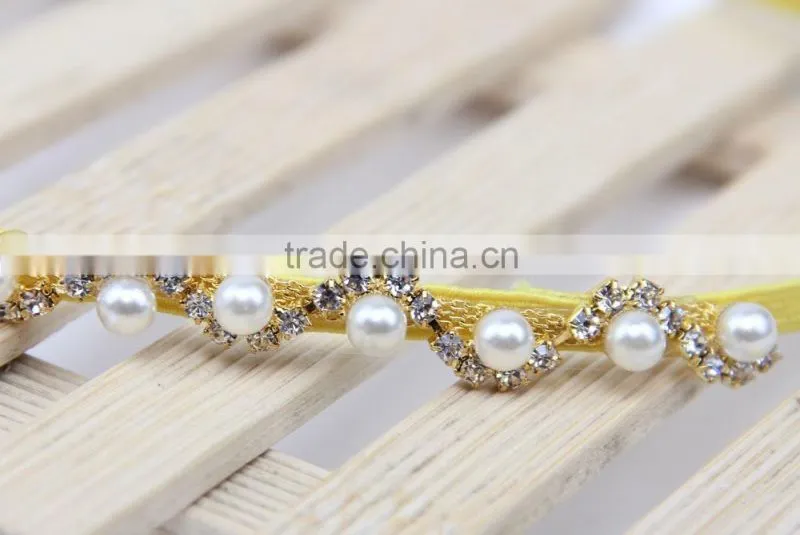 Newborn baby Rhinestone pearls elastic headband hair accessories / glitter crystal diamond ribbon silk jewelry on sale