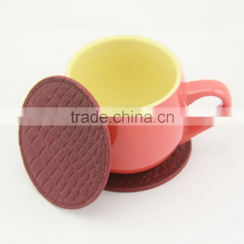 Red crocodile PU leather round cup coasters