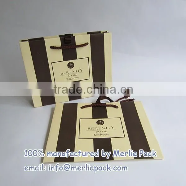 Beauty Salon White Kraft Paper Bag Day Spa Cream and Brown Stripe Bags