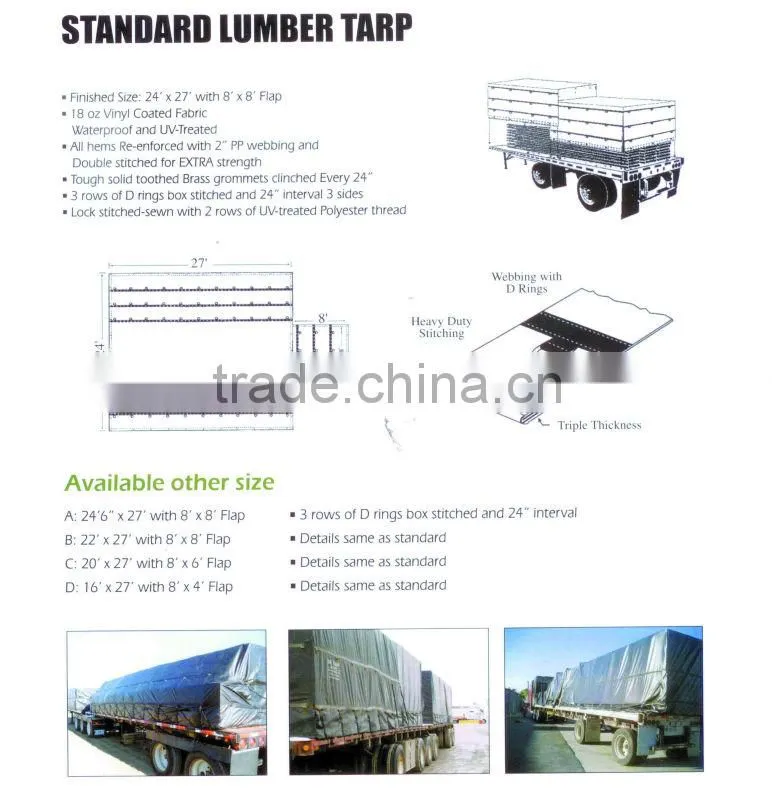 16'x27' rainproof pvc vinyl lumber truck covers with 8foot drop tarps