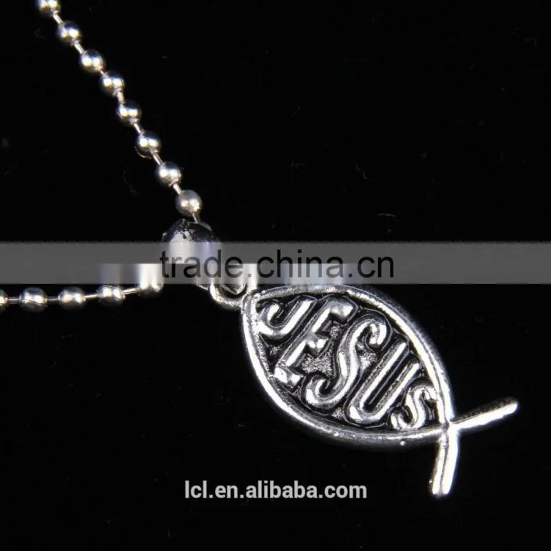 Fashion imitation jewelry necklace, antique imitation silver religious bead necklace with fish pendant