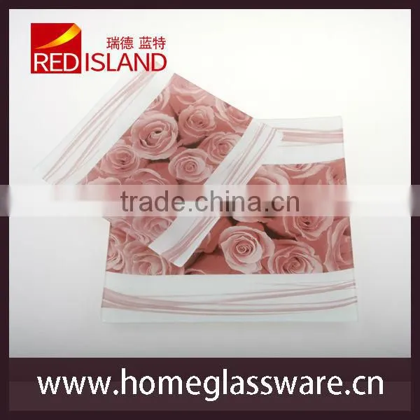 6"-12" square glass plate with rose pattern for decoration