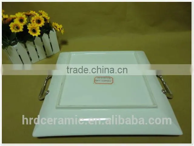 Stocked cheap printing ceramic divided plate with handles