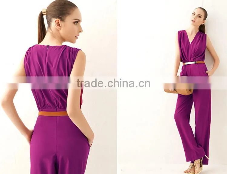 2015 Women Summer Clothing New Elegant OL Style Deep V Neck Sleeveless Loose Jumpsuit Rompers Women Overalls Macacao Feminino