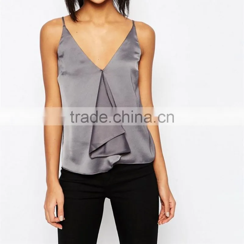 2016 Latest Ruffle Front Satin Cami Spagetti Strap Top HST8051