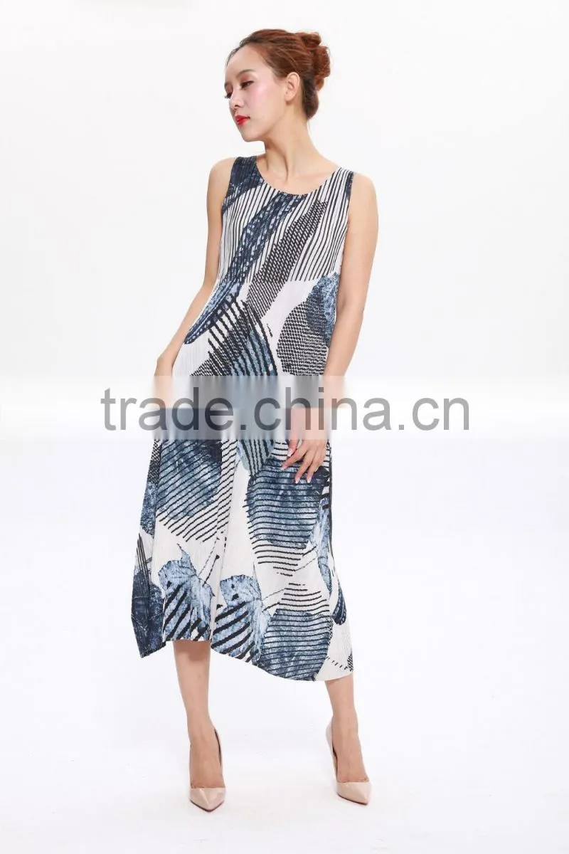 Wash painting goffer sleeveless women summer maxi dress