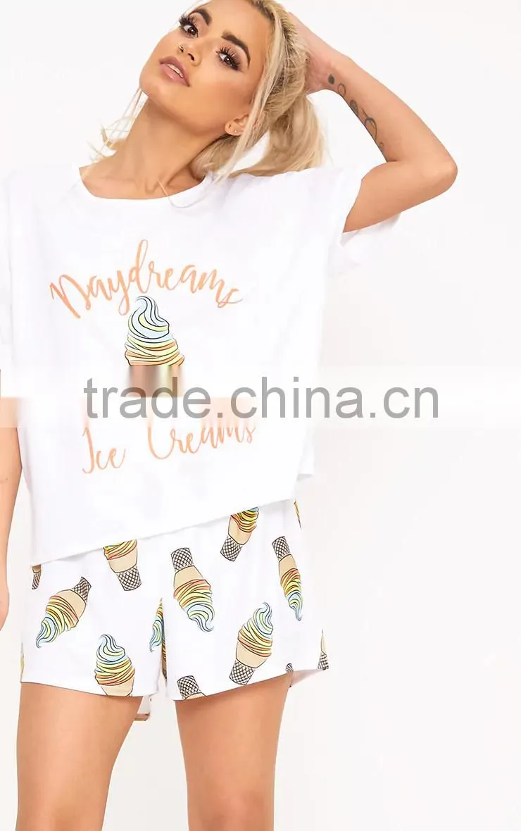 MGOO Custom Design Women Pyjama Set Screen Print Crop Top With Full Print Shorts Funny Pajamas Set