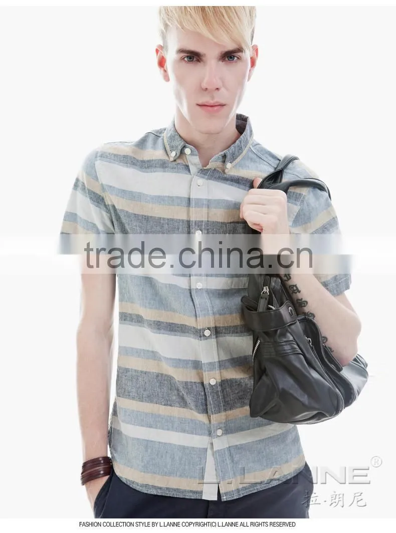 New fashion style woven linen & cotton short sleeve men shirt 2016