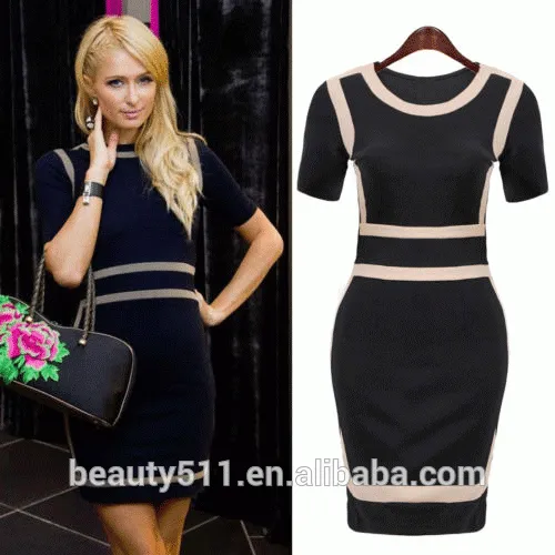 Fashionable pencil skirt Europe and Europe pure color splicing short-sleeved dress with buttock skirt PS03