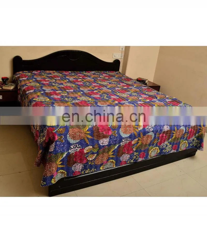 Fruit Print Kantha Quilt Indian Tropical Kantha Bed Cover Queen Size Blue Tropicana Bed Sheet