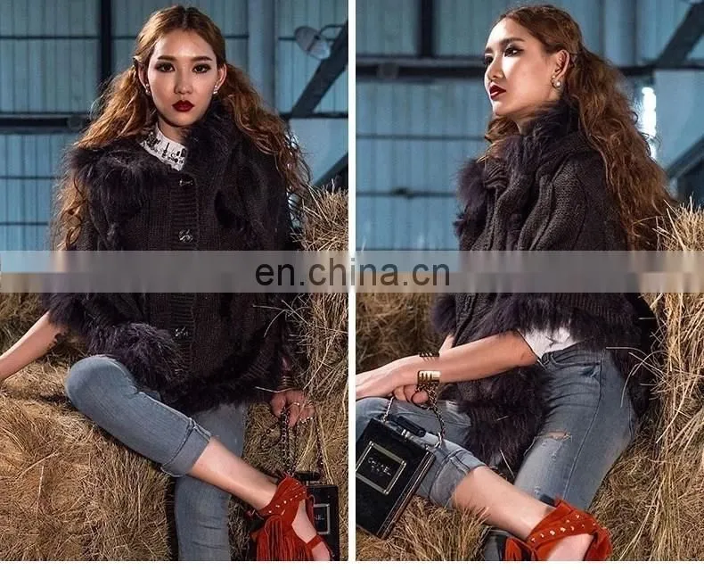Raccoon and rabbit fur trimming cape cloak with buttons for women knitwear European style