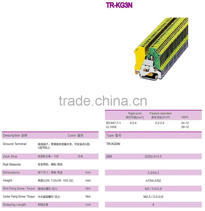 Euro Type Din Rail Mounted Ground Earth Terminal Block 5.20mm Terminal Width
