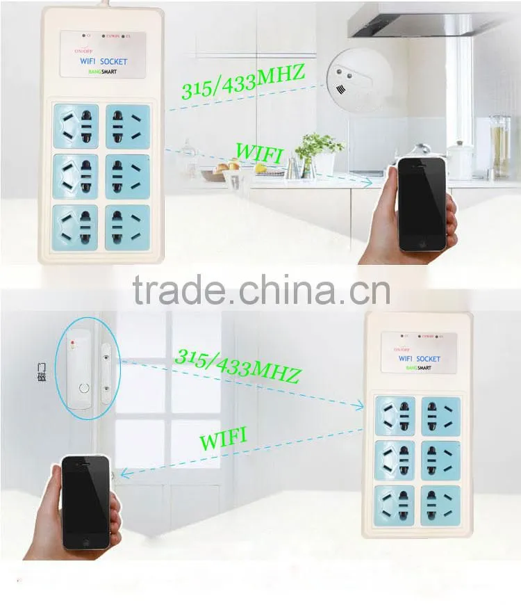 APP Remote Control 3 Outlets 6 Plugs Extension Home Alarm Smart WiFi Power Socket Compatible with 16pcs 315Mhz OR 433Mhz Sensors