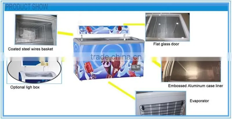 Sliding glass flat door ice cream showcase deep chest freezer