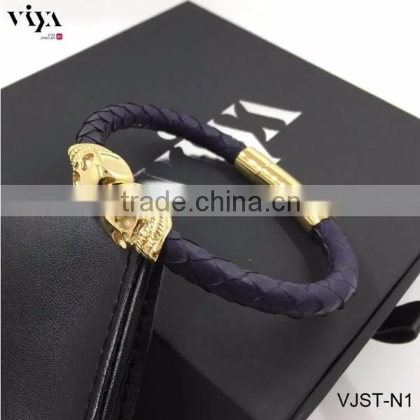 2016 New Real Navy Blue Leather Python Twins Skull Stainless Steel Bracelets With Higher End Quality Standard