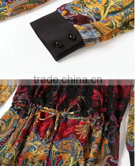Fashion Designer dress Beautiful Long Sleeve Silk print Dress (stock)