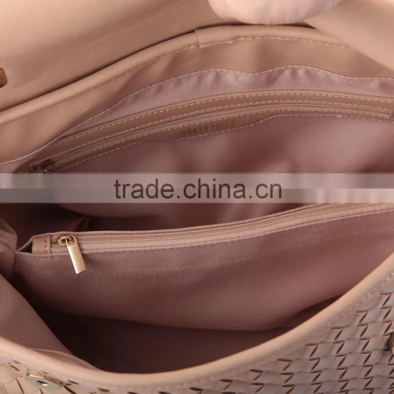 3505 New Designed Hot Sale Pink Woven PU Leather Handbag Factory Price